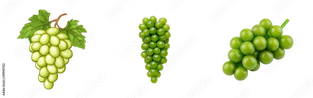 Three clusters of green grapes with different styles, showcasing fresh, vibrant green fruits on a clean white background. Three clusters of green grapes with different styles, showcasing fresh, vibrant green fruits on a clean white background.