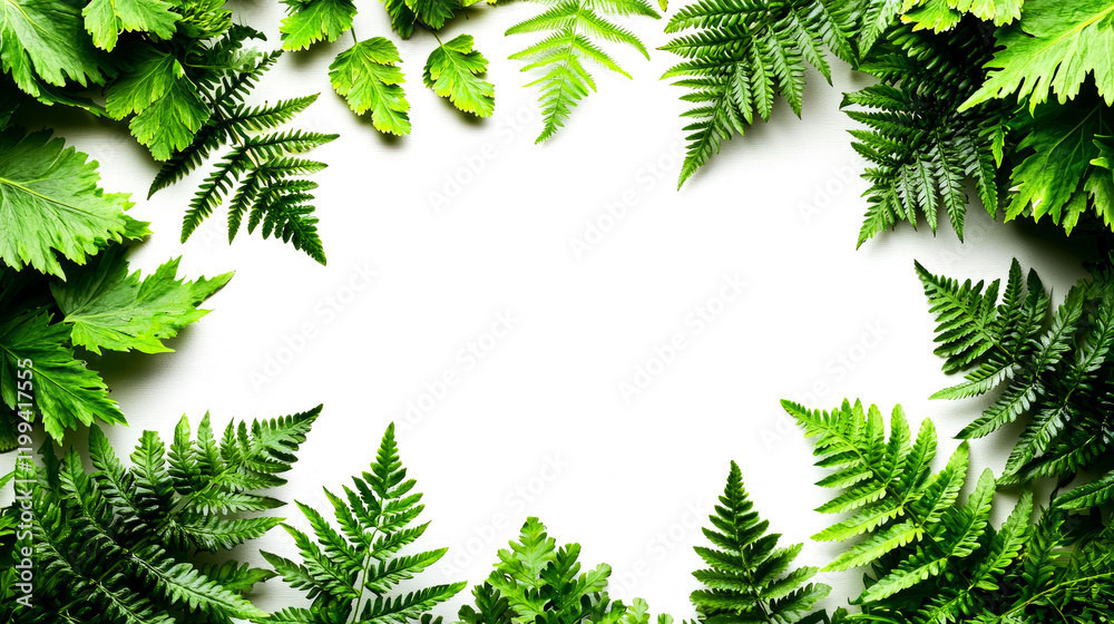 Lush Greenery Frame: Vibrant Fern and Leaf Border on White Background Lush Greenery Frame: Vibrant Fern and Leaf Border on White Background