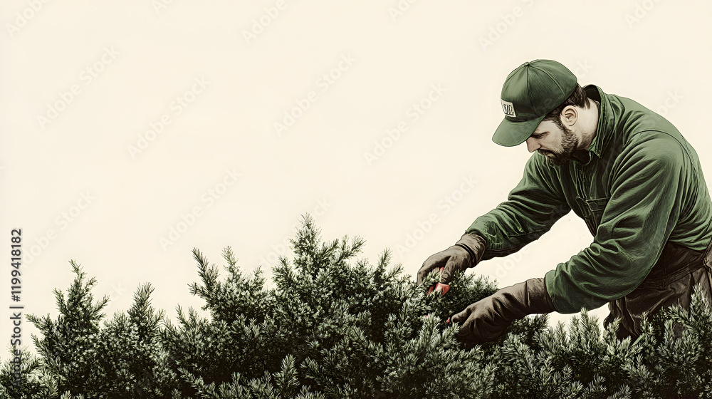 Male gardener pruning bushes, with a muted cream background Male gardener pruning bushes, with a muted cream background