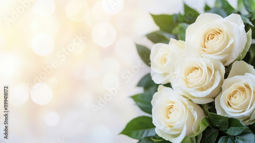 A bouquet of elegant white roses surrounded by lush green leaves, softly illuminated by a gentle, dreamy background, Valentine.