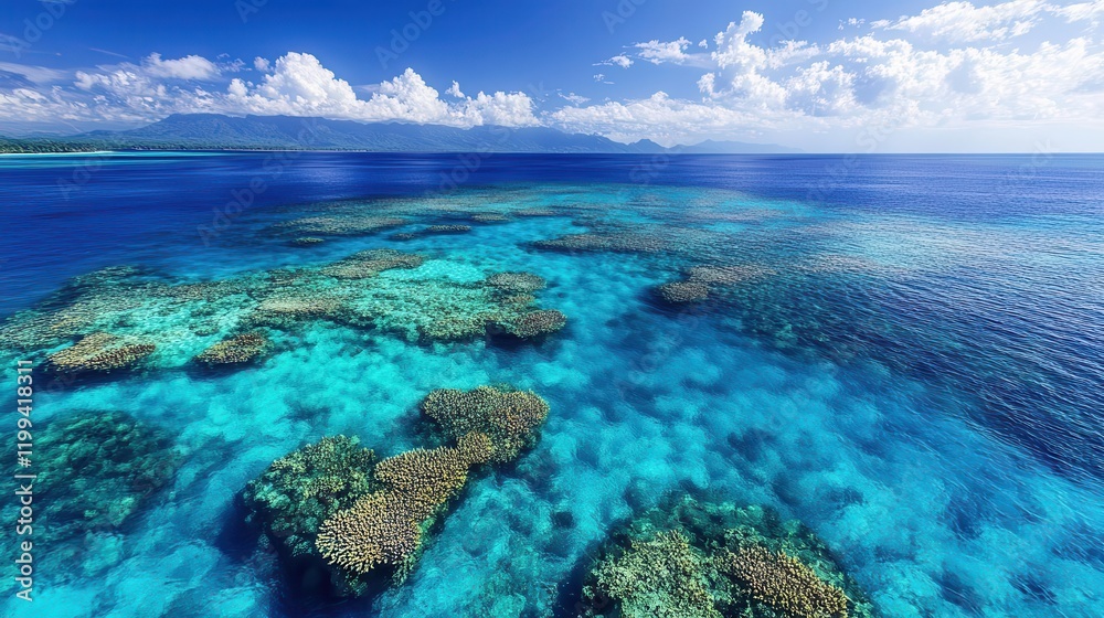 Naklejka premium A vibrant aerial view of a coral reef in clear turquoise waters, showcasing marine life and expansive ocean under a bright blue sky.
