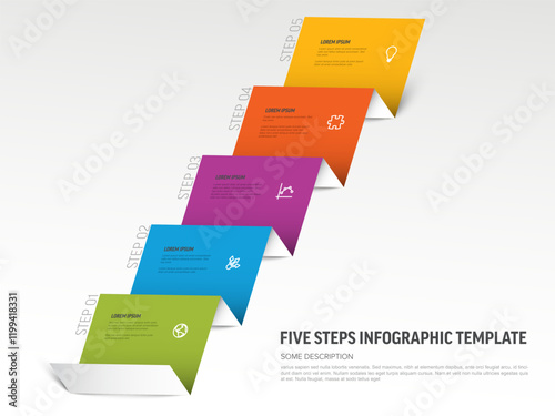 Five-step infographic template from folded paper displays sequential information. Each step is marked with distinct colors and icons, enhancing the visual appeal of the infographic template.