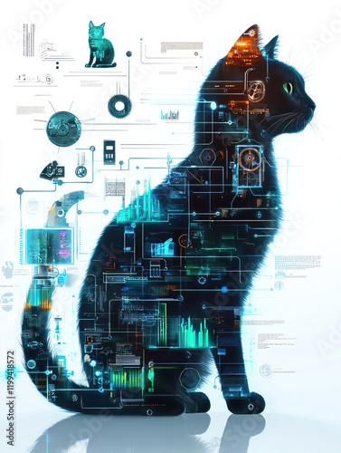 Cat portrait meets geometric art abstract and majestic in design. Futuristic Cat Silhouette with Digital Elements and Data Overlay