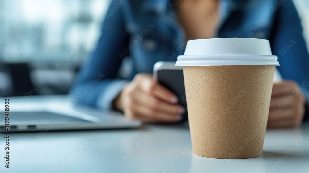 Coffee Cup on Table with Person Using Smartphone and Laptop Coffee Cup on Table with Person Using Smartphone and Laptop
