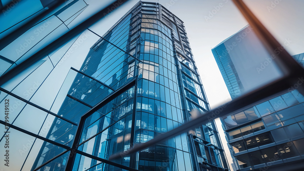 Obraz premium Modern Architecture: Close-Up of Structural Glazing Walls on Skyscraper Facade – Hi-Tech Design for Real Estate, Financial Business, and Construction Industry