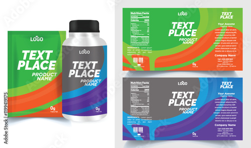 Vitamin label sticker design, natural multi food supplement banner packaging, jar label.