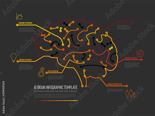 Dark Artificial Intelligence brain infographic template illustrates complex neural networks with data points. The brain design is enhanced with labels, showcasing the AI concept twice for emphasis.