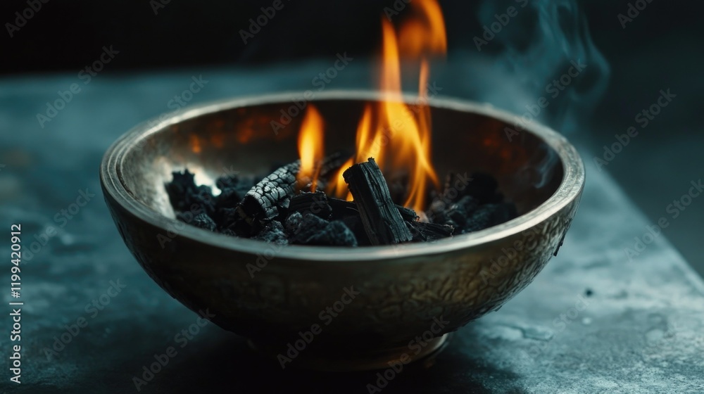 Forgotten Rituals: Ancient Burning Bowl with Smoldering Logs. Forgotten Rituals: Ancient Burning Bowl with Smoldering Logs.