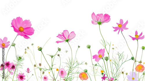 Fototapeta Naklejka Na Ścianę i Meble -  PNG Pink cosmos flowers and wildflowers backgrounds outdoors pattern.