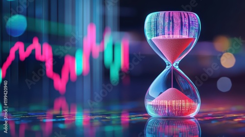 A vibrant hourglass stands against a backdrop of digital graphs, symbolizing the passage of time and its relationship with data analysis and market trends.