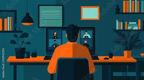 A person participates in a video conference, seated at a desk with plants and books, surrounded by a modern workspace aesthetic.