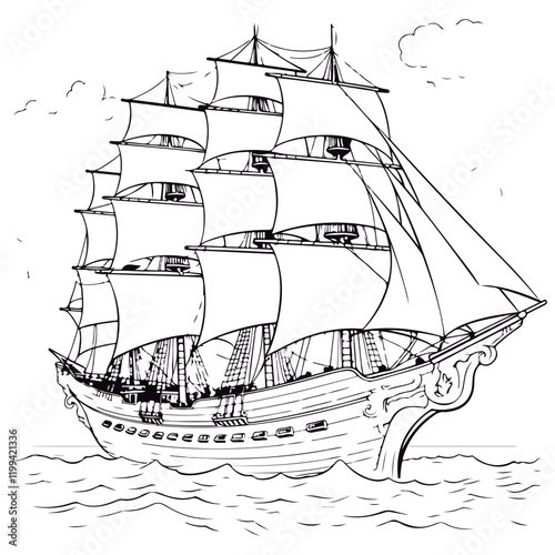 Cute Cartoon pirate ship outlined for coloring book isolated on a white background.