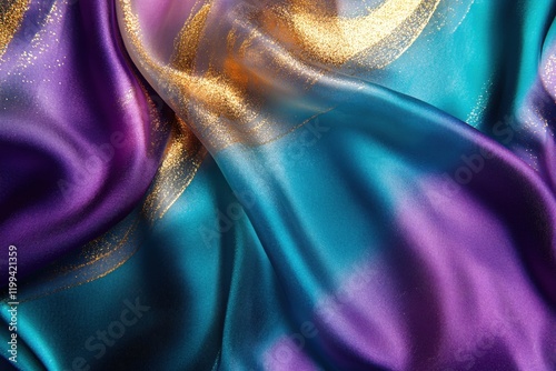 Luxurious Teal Purple Silk Fabric with Gold Accents Elegant Draped Texture