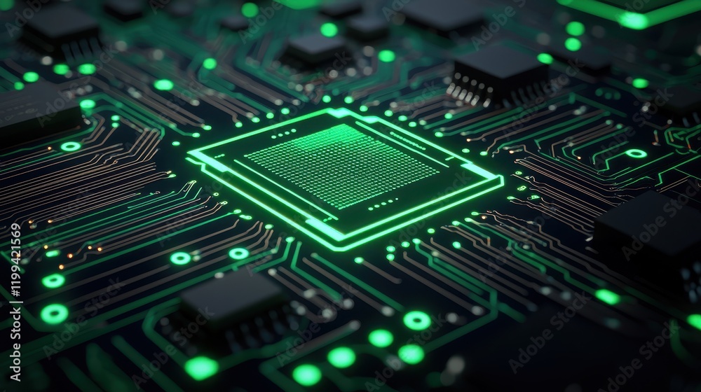 Obraz premium A close-up view of a modern microchip on a circuit board, illuminated with vibrant green lights, showcasing intricate electronic pathways.