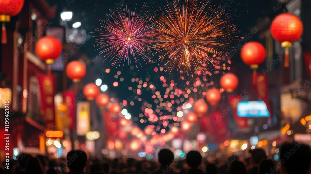 Obraz premium A vibrant street scene illuminated by fireworks and red lanterns, filled with spectators celebrating a festive occasion at night, Chinese-Lunar New year.