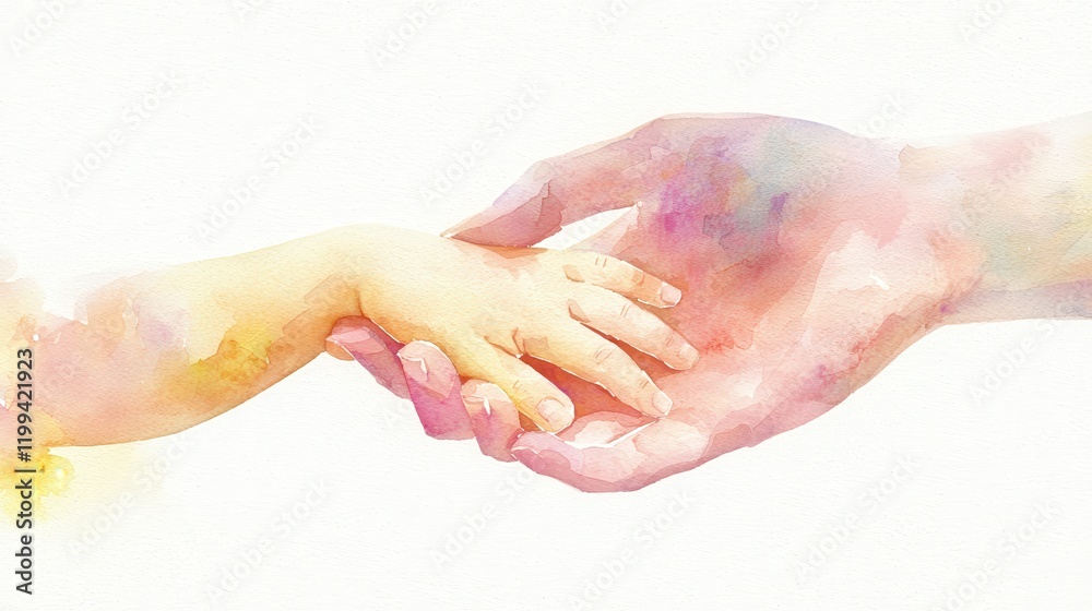 Fototapeta premium Watercolor illustration of a mother holding child’s hand in soft pastels for Mother’s Day concepts..