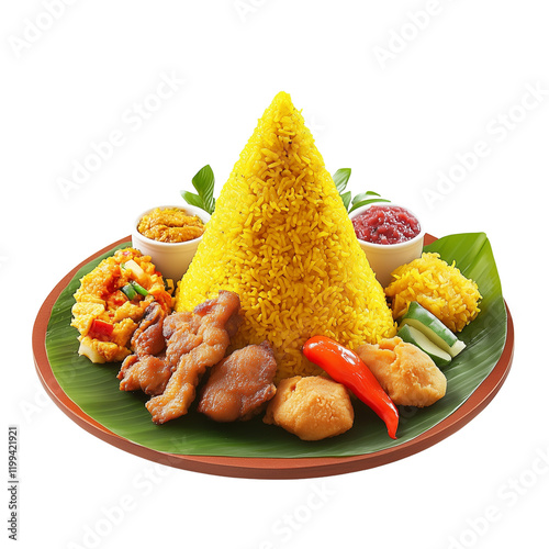 Nasi Kuning, Indonesian Yellow Rice Cuisine, Traditional Turmeric-Flavored Dish, Served on a Plate, Authentic Asian Food, Delicious and Aromatic Meal, Isolated on a Transparent Background photo