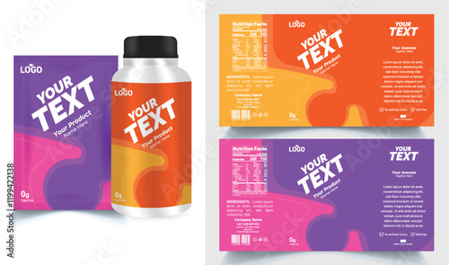 Vitamin label sticker design, natural multi food supplement banner packaging, jar label.