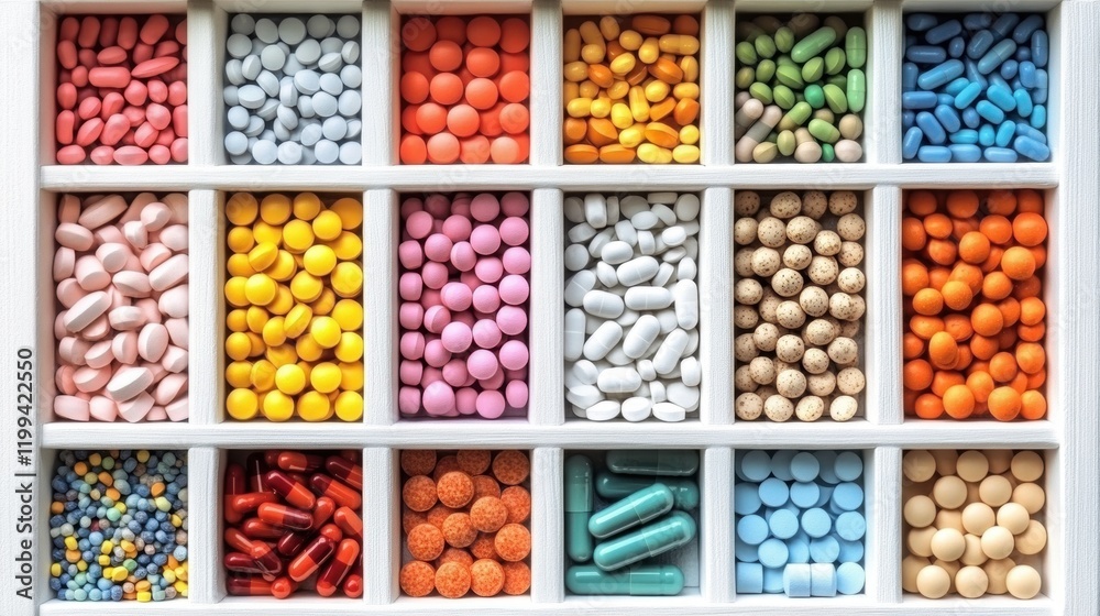 Colorful Arrangement of Various Pills and Tablets in a Tray Colorful Arrangement of Various Pills and Tablets in a Tray