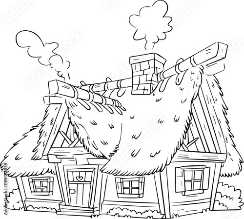 A black and white illustration of a house. The house has a thatched roof and is made of wood. There are smoke coming out of the chimney. The house is surrounded by greenery.