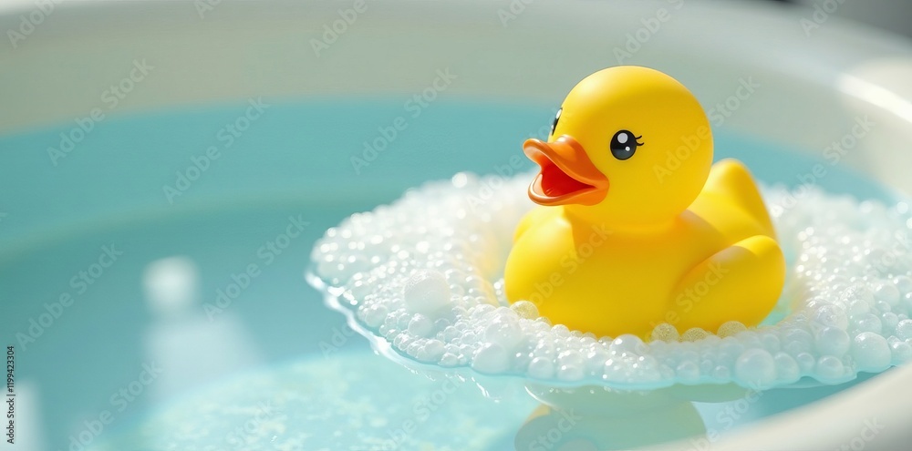 A cheerful yellow rubber duck floating in a bubble-filled bath. A cheerful yellow rubber duck floating in a bubble-filled bath.