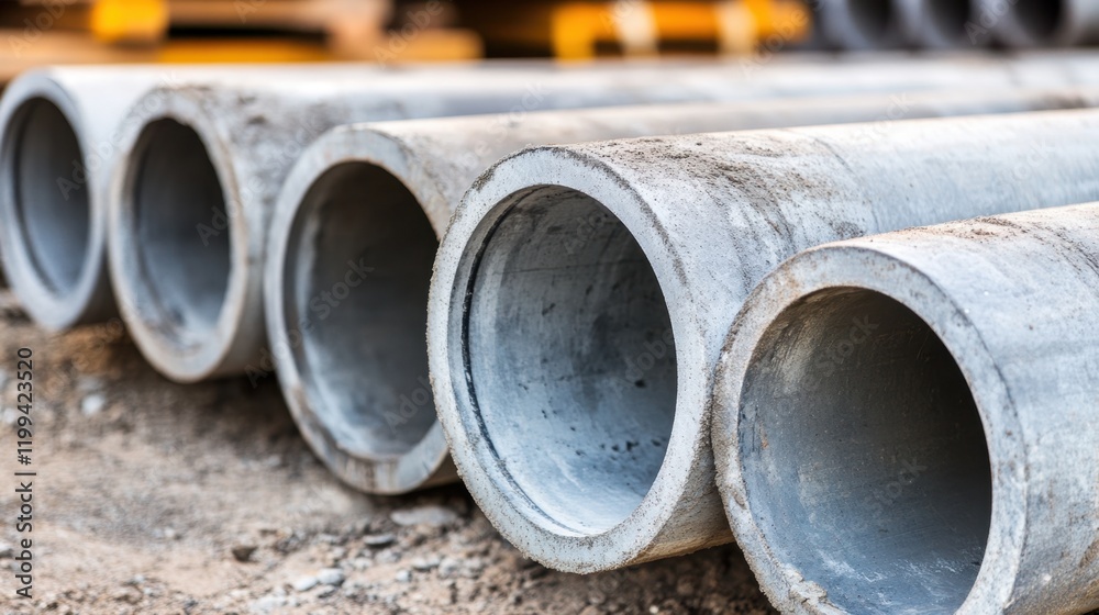A cement pipe leaning against a stack of identical pipes on a dusty construction site. A cement pipe leaning against a stack of identical pipes on a dusty construction site.