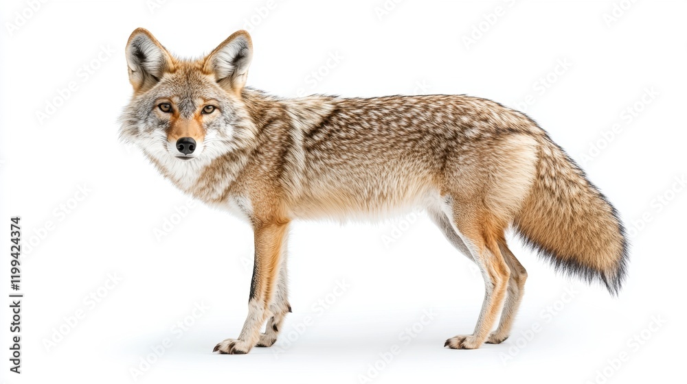 Naklejka premium Coyote Standing in Profile on a White Background with Alert Expression