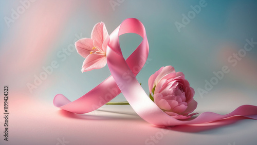 pink ribbon awareness and pink flowers, breast cancer awareness month