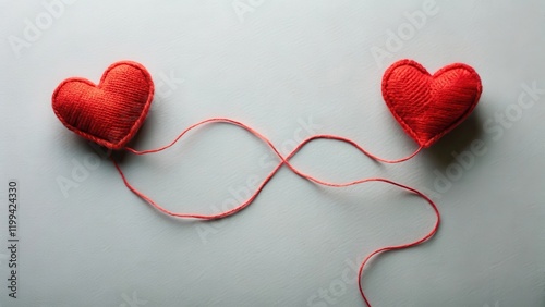 Two red hearts joined together by a thin white thread in a circular motion, heart entwined