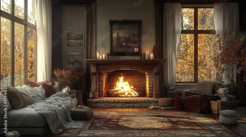 Fototapeta premium A cozy room with a fireplace, surrounded by autumn foliage, featuring comfortable seating and warm lighting, creating a serene and inviting atmosphere.