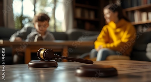 A child sits with his family and a judge's gavel is on the table in front of him, representing the law of the child. And it promotes the idea of ​​respect for the law and child custody.