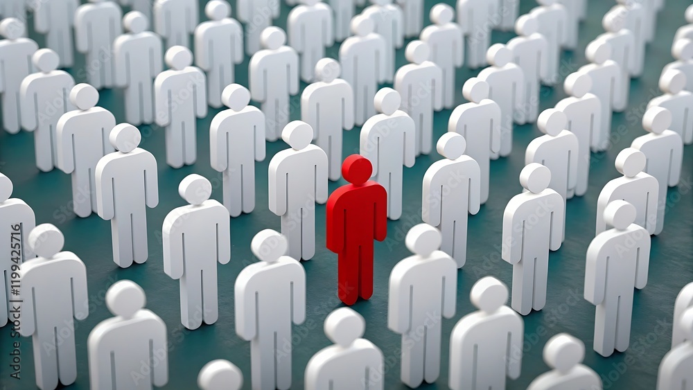 A single red figurine of stands amidst of identical white figurines, symbolizing leadership and uniqueness A single red figurine of stands amidst of identical white figurines, symbolizing leadership and uniqueness