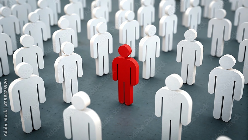 A single red figurine of stands amidst of identical white figurines, symbolizing leadership and uniqueness A single red figurine of stands amidst of identical white figurines, symbolizing leadership and uniqueness