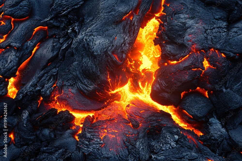 Molten Lava Flowing Through Dark Volcanic Rock Intense Heat Energy Nature Molten Lava Flowing Through Dark Volcanic Rock Intense Heat Energy Nature