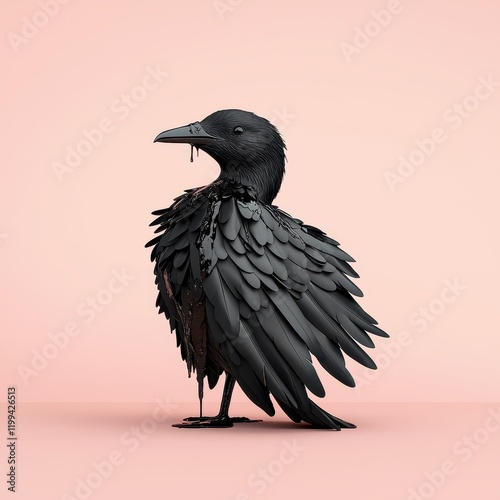 A sleek, stylized black bird stands against a soft pink background, showcasing intricate feather-like details and a captivating artistic design. photo