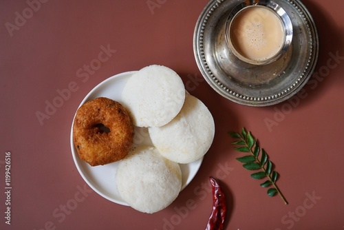 South Indian breakfast Idli sambar vada and chutney photo