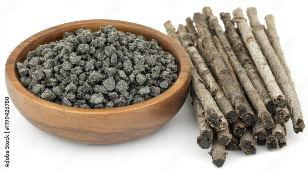 Natural Herbs and Crushed Roots in Wooden Bowl with Sticks Natural Herbs and Crushed Roots in Wooden Bowl with Sticks
