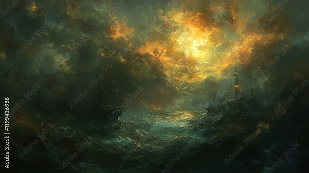 Obraz premium Dramatic Seascape with Ships Understormy Sky at Sunset