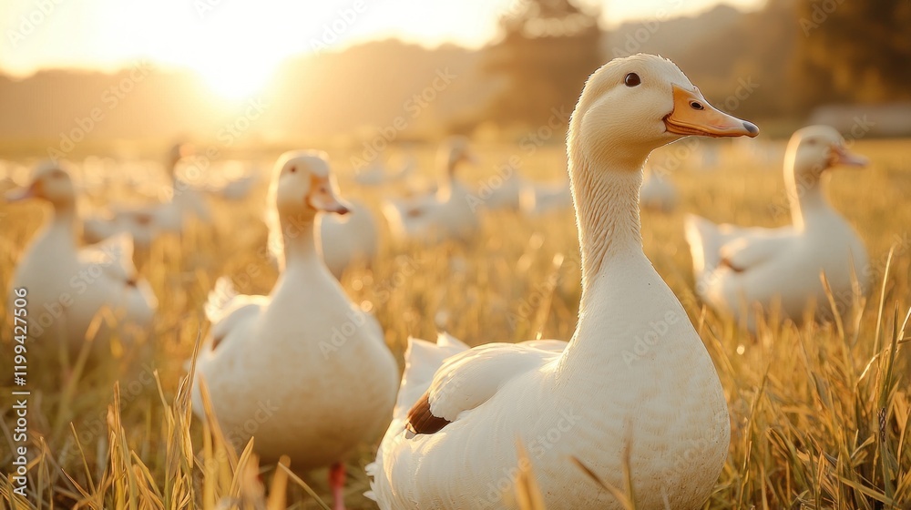 A group of white ducks standing in a golden field at sunset with warm lighting and a shallow depth of field A group of white ducks standing in a golden field at sunset with warm lighting and a shallow depth of field