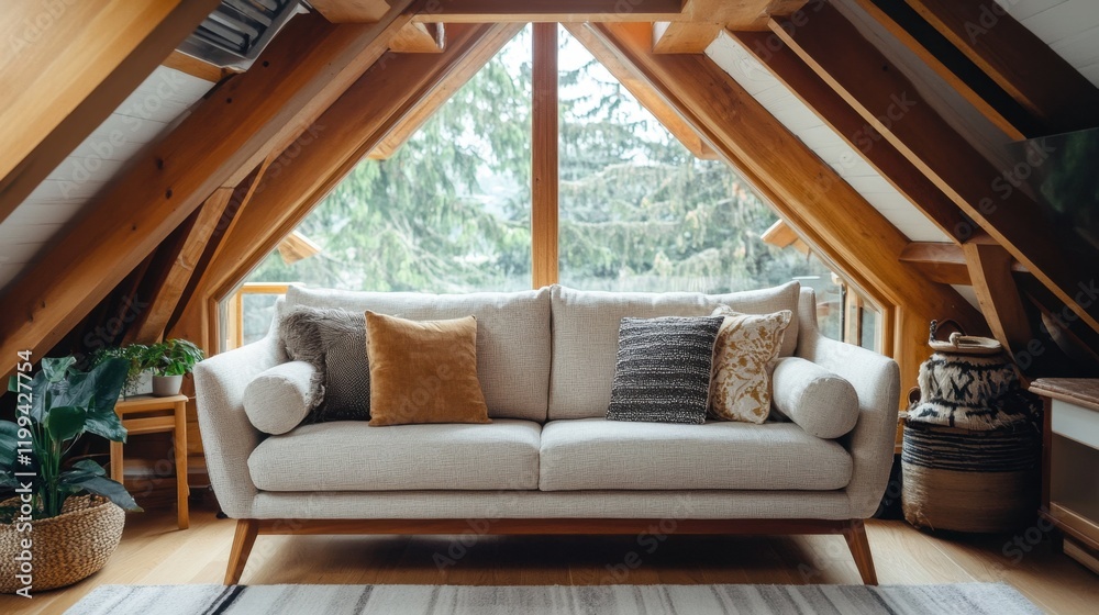 Fototapeta premium A cozy sofa in a living room with wooden beams and rustic charm.