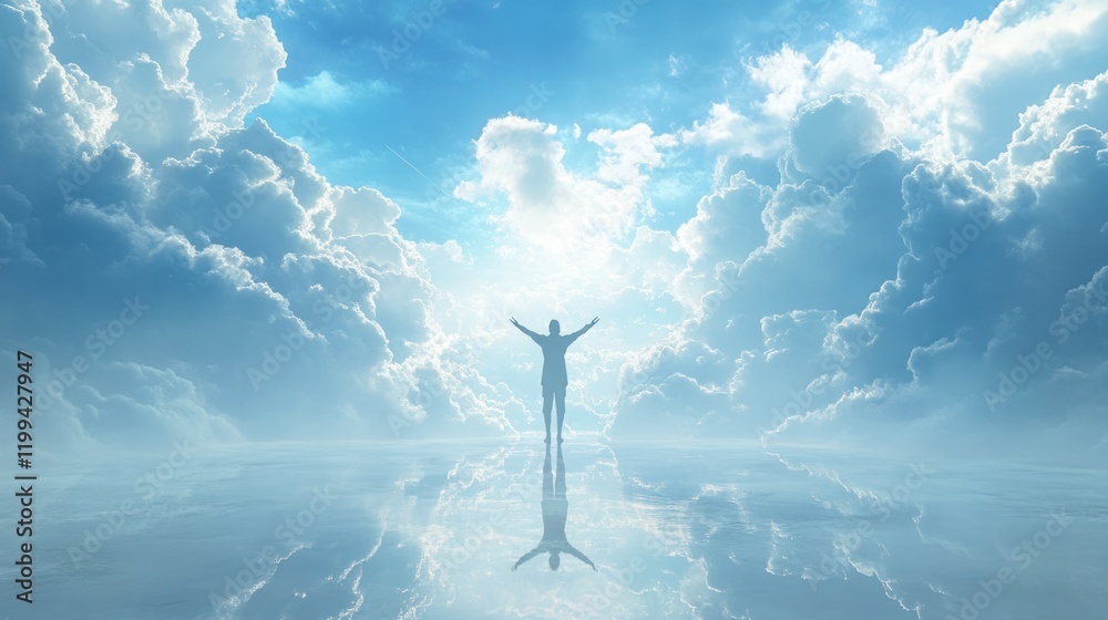 Person standing in a serene landscape surrounded by bright clouds and rays of sunlight in the sky. Generative AI Person standing in a serene landscape surrounded by bright clouds and rays of sunlight in the sky. Generative AI