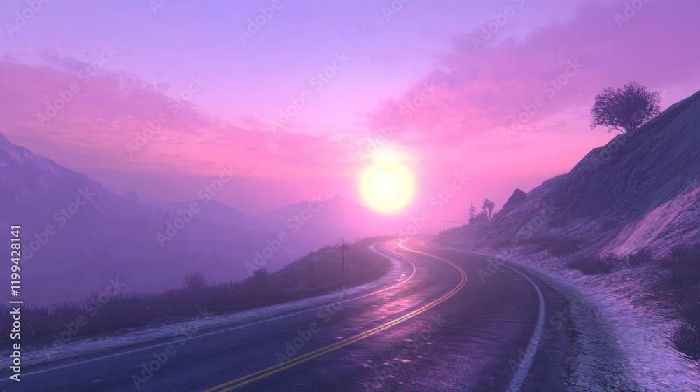 A curving mountain road illuminated by the soft glow of a sunrise. A curving mountain road illuminated by the soft glow of a sunrise.