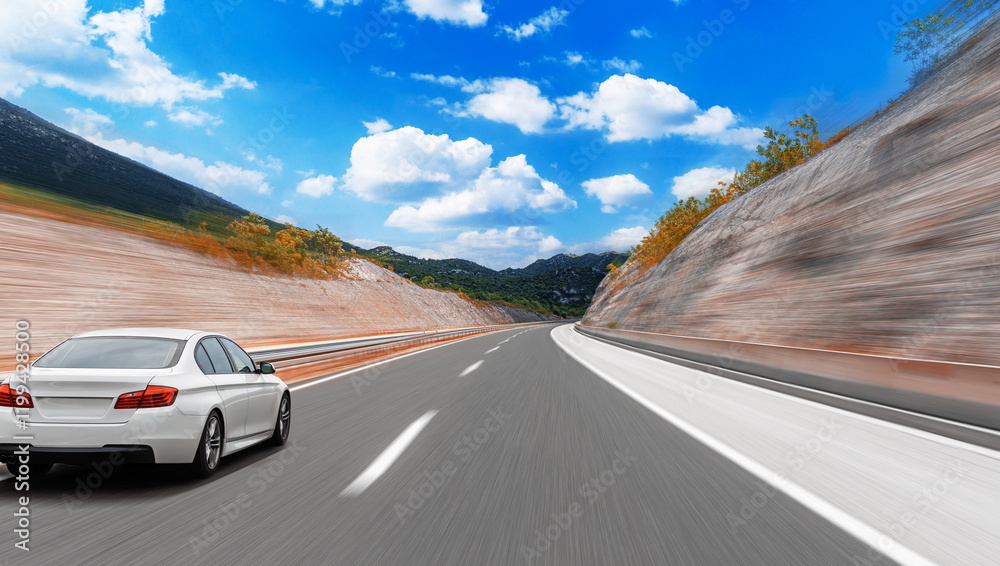 Car is driving along the highway surrounded by picturesque nature.
