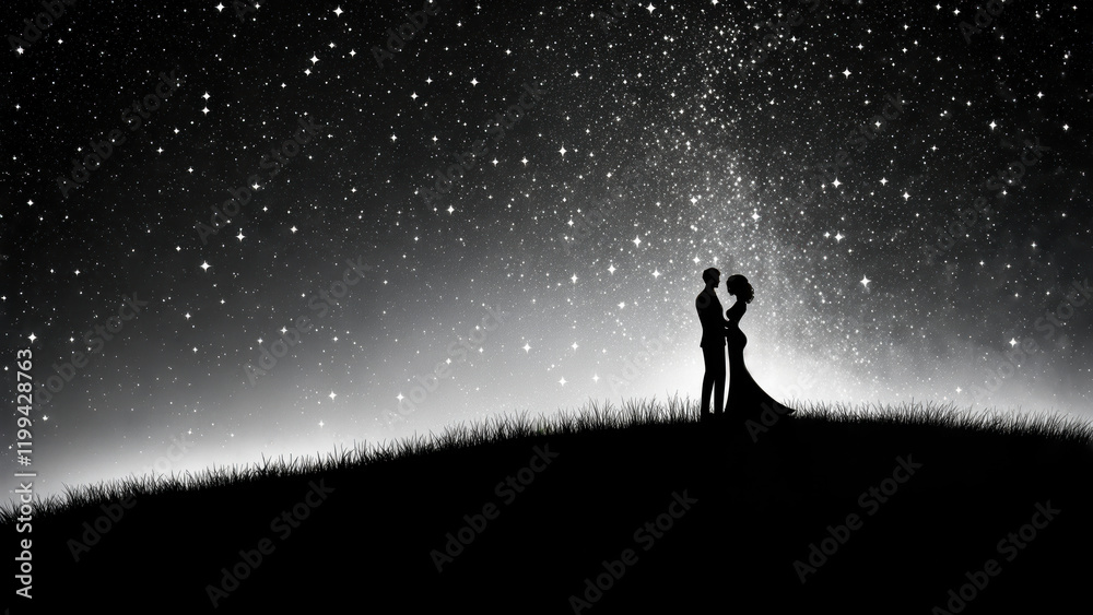 Fototapeta premium Couple embracing under a starry night sky on a gentle hillside during a romantic moment
