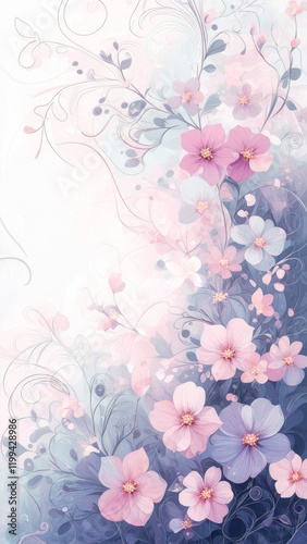 Charming floral design featuring delicate pink and purple flowers with soft pastel colors, enhancing any space with a tranquil ambiance during spring or summer