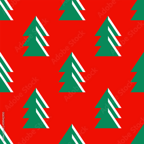Minimalist Christmas trees seamless pattern on a red background. Cute background for Christmas and New Year with geometric fir trees in Scandinavian style for a wallpaper, textile, wrapping paper