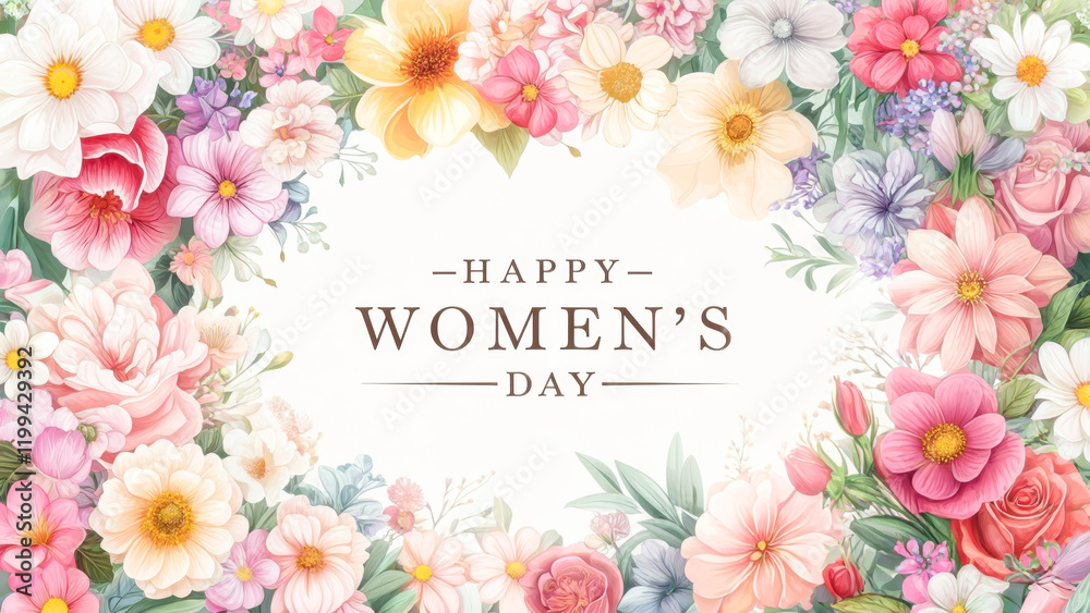Fototapeta premium Celebratory floral design featuring a vibrant arrangement for International Women's Day, adorned with various blossoms in soft colors and a central message of appreciation for women's contributions