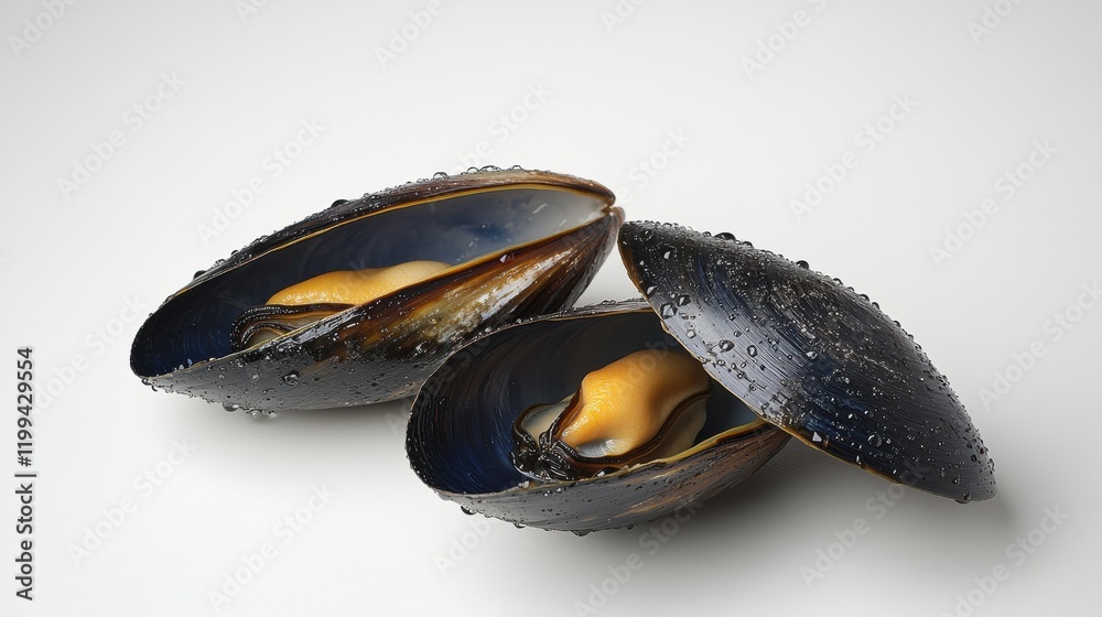 Close-Up of Fresh Mussels with Water Droplets on Shells Close-Up of Fresh Mussels with Water Droplets on Shells