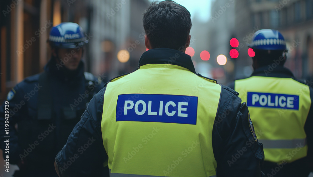 Police officers in reflective vests stand in city street, showcasing their commitment to safety and law enforcement. urban backdrop adds to scene seriousness Police officers in reflective vests stand in city street, showcasing their commitment to safety and law enforcement. urban backdrop adds to scene seriousness