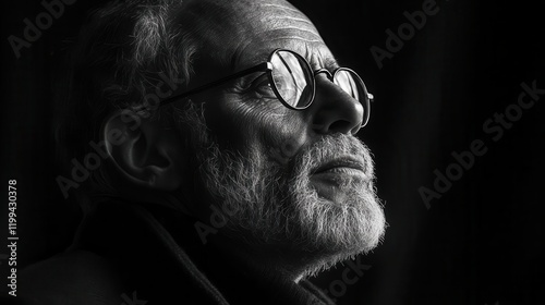 A contemplative older man with glasses gazes upward against a dark background, captured in a striking black-and-white portrait.